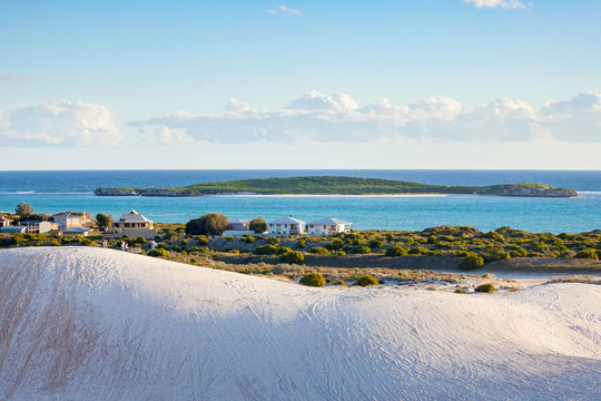The coastal town of Lancelin and Edwards Islands Nature Reserve visible in the distance. Lancelin, Western Australia, Australia.