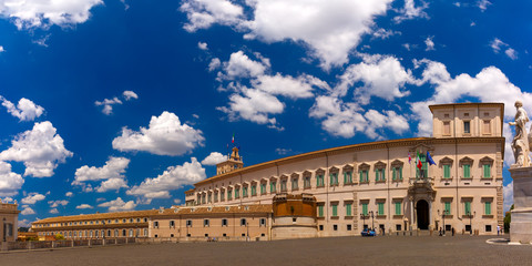 Panoramic view of Quirinal Palace or Palazzo del Quirinale as seen from Piazza del Quirinale in the sunny day, Rome, Italy.