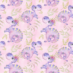 Watercolor Dinosaurs Hand Drawn Illustration Pattern