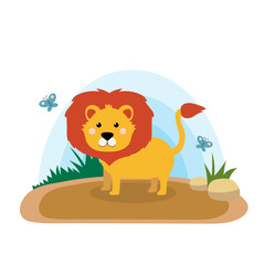 Obraz na płótnie Canvas Wild animals with landscape - cute cartoon vector illustration of lion