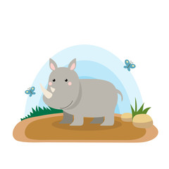 Wild animals with landscape - cute cartoon vector illustration of rhinoceros