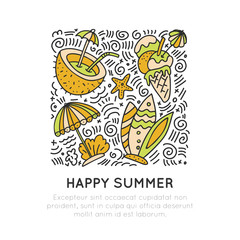 Summer and beach hand draw icon concept. Travel summer icons collection in square form with cartoon decorative elements. Coconut, surfing boat, sand, ice cream elements. Happy summer vacation icon