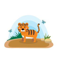 Obraz na płótnie Canvas Wild animals with landscape - cute cartoon vector illustration of tiger