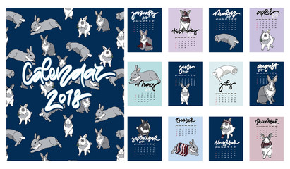 Calendar 2018. Cute monthly calendar with rabbits.