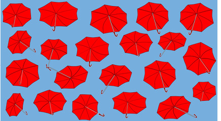 Bright red umbrellas flying against blue sly. Holiday concept, festive mood, celebration metaphor. Copy space.