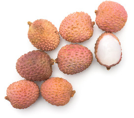 Lychee stack top view isolated on white background ripe pink fresh berries one peel.