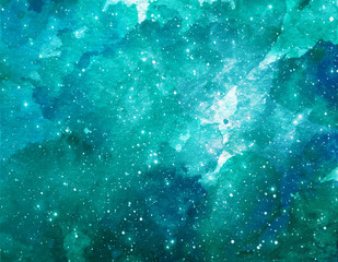 Space watercolor background. Abstract galaxy painting. Cosmic texture with stars