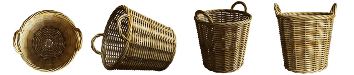 Set of wooden basket isolated on white background, 3D rendering
