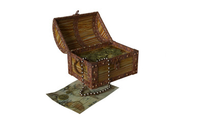 Treasure chest with treasure 3D rendering