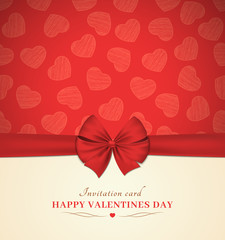 Fototapeta na wymiar Invitation card for St. Valentine's Day holiday. Beautiful lush red bow. Realistic tape. Background of hearts from scribbles. Template for your design. Vector.