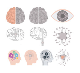 artificial intelligence set with brains and human heads color silhouette