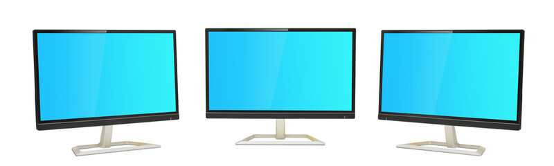 Set of three Digital Monitors view with blue screens