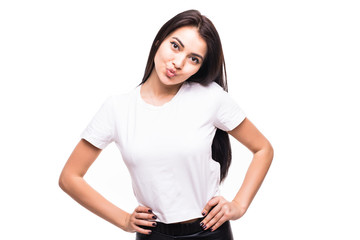 Fototapeta premium Portrait of happy smiling young beautiful woman over white background
