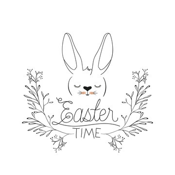 easter time poster with bunny face in floral decoration in monochrome silhouette
