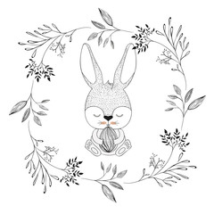 bunny with closed eyes and holding easter egg in decorative frame of branches in monochrome silhouette