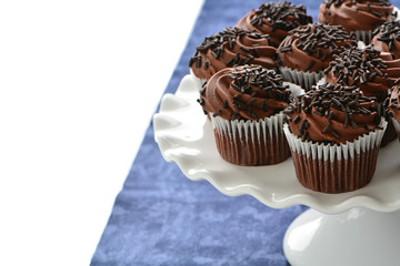 Chocolate cupcakes on cake stand