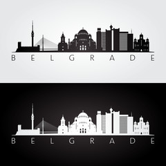 Belgrade skyline and landmarks silhouette, black and white design, vector illustration. - obrazy, fototapety, plakaty
