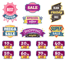 Vector labels with discount, sale, black friday, night sale and special offer ribbons.
