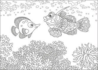 A funny butterfly fish and a mandarin fish swimming over a coral reef in a tropical sea, a black and white vector illustration in cartoon style for a coloring book