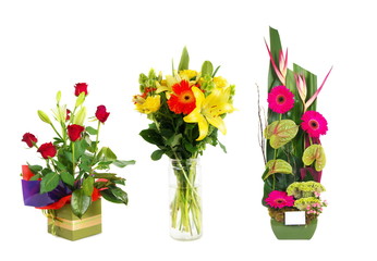 Fototapeta na wymiar Flowers in various vases on white