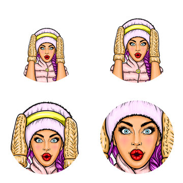 Set of vector pop art round avatar icons for users of social networking, blogs, profile icons. Surprised woman with purple hair, wide open eyes and red lips, dressed in warm mittens and a fur hat