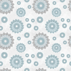 Seamless pattern with ornament of openwork lace round shapes. Geometric background with snowflake effect, pale blue and light gray. Delicate, airy, nice, soft, elegant, artistic image