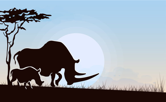 African landscape rhinoceros and her calf, vector illustration.
