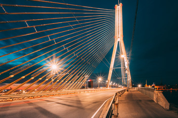 Vansu Bridge In Riga, Latvia. Shroud Bridge. Cable-Stayed Bridge - obrazy, fototapety, plakaty