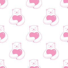 Fototapeta premium Bear Hug red Heart valentine Seamless Pattern vector wallpaper background isolated pink