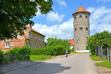 Urban view with a water tower. Gvardeysk, Kaliningrad region