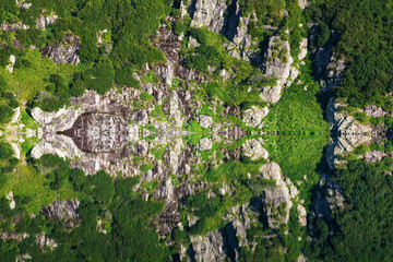 reflection of the mountain on water, mirror image of mountains in water