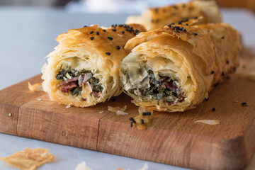 Turkish Borek with Spinach and Pastrami or Pastirma.