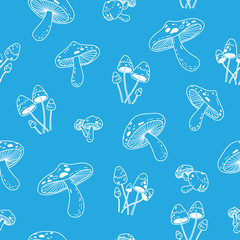 Seamless Pattern mushroom vector doodle wallpaper background isolated blue