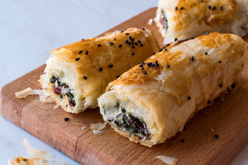 Turkish Borek with Spinach and Pastrami or Pastirma.