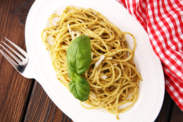 Italian pasta with pesto, spaghetti fresh  cuisine