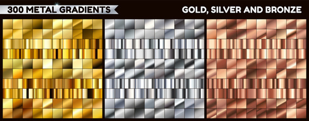 Big metal pack. Collection of gold, silver and bronze gradient for design. Vector gradients set. - obrazy, fototapety, plakaty
