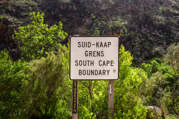 South Cape Boundary sign at the R324 road between Barrydale and Swellendam in South Africa. The road leads to Tradouw's pass which winds its way through the Langeberg mountain range.