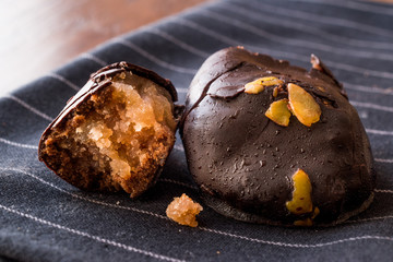 Chocolate Covered Chestnut Dessert with Pistachio. / Kestane Sekeri