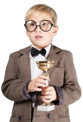 Nerdy Boy Holding a Trophy
