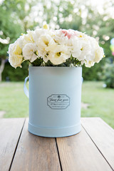 Beautiful bouquet of flowers in a blue stylish box