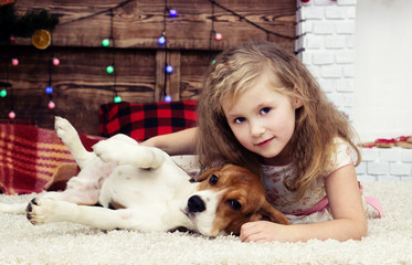  girl gently hugs the beagle puppy