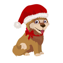 Cute shaggy puppy in Santa hat and red bow
