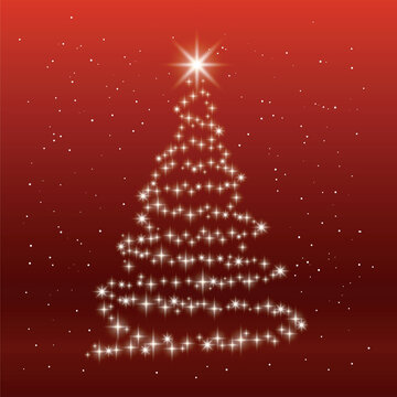 Christmas tree on red background. Happy New Year, Merry Christmas holiday celebration. Christmas tree as a light decoration. Vector illustration