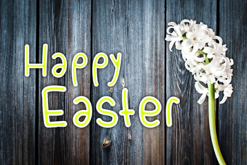 Tekst HAPPY EASTER na tle desek z kwiatem hiacyntem © motke
