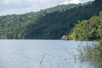 Panoramic view, scene in Lake Peten Itza in Guatemala, Central America, source of fresh water, oxygen and wildlife.