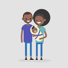 Young modern black family concept. Mother, father and their baby / flat editable vector illustration, clip art