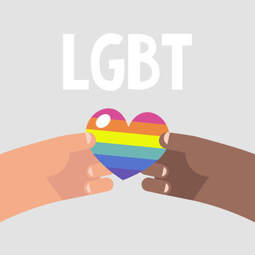 Black and white hands holding a rainbow heart. LGBT community. Human rights. Flat editable vector illustration, clip art