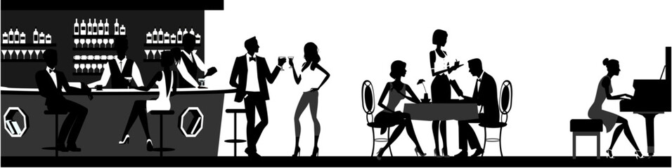 Barda oturan insanlar. Siyah beyaz siluetler