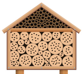 Insect hotel - wooden bug house with roof - isolated vector illustration on white background.