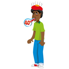 Mascot ben person african-descendant man, with high fever, symptom. Ideal for informational and institutional related to medicine